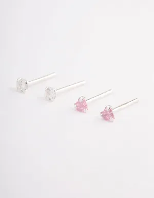 Sterling Silver Pink Diamante Heart Stud Earring Pack