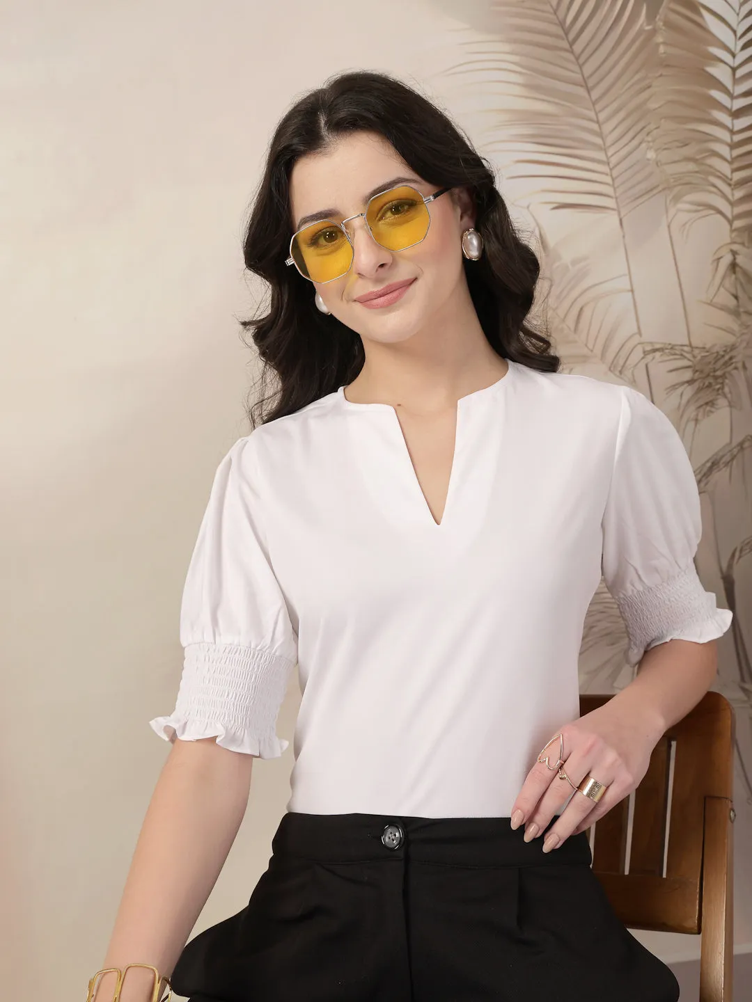 Style Quotient Women White puffed sleeves top