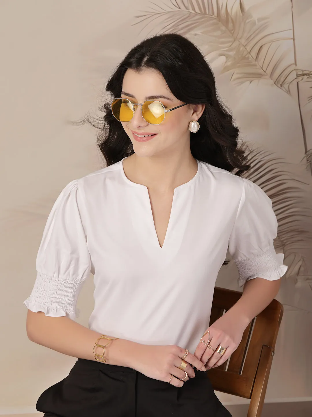 Style Quotient Women White puffed sleeves top