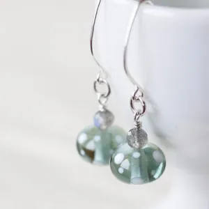 Subtle Light Gray Earrings, transparent polka dot lampwork glass with labradorite