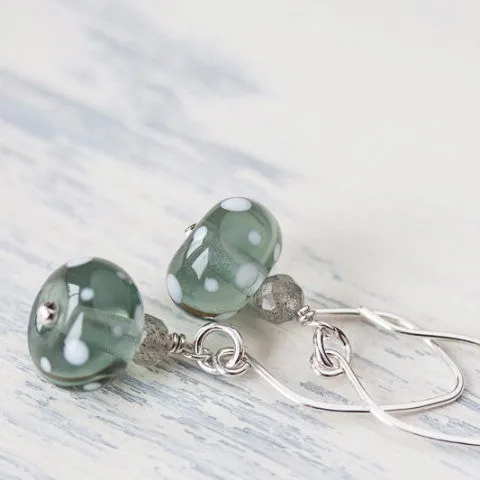 Subtle Light Gray Earrings, transparent polka dot lampwork glass with labradorite