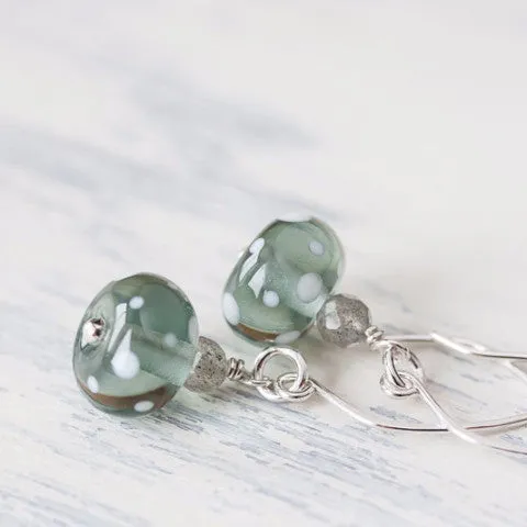 Subtle Light Gray Earrings, transparent polka dot lampwork glass with labradorite