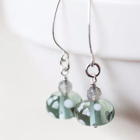 Subtle Light Gray Earrings, transparent polka dot lampwork glass with labradorite