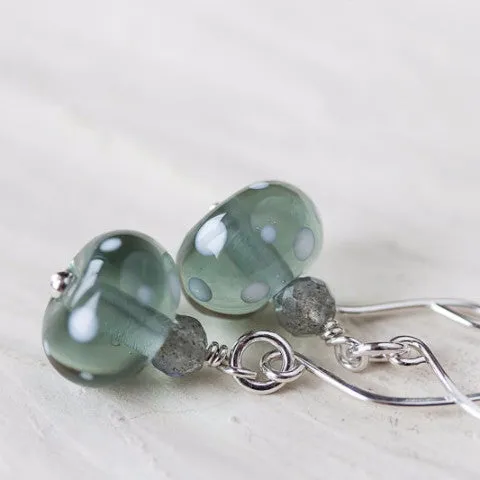 Subtle Light Gray Earrings, transparent polka dot lampwork glass with labradorite