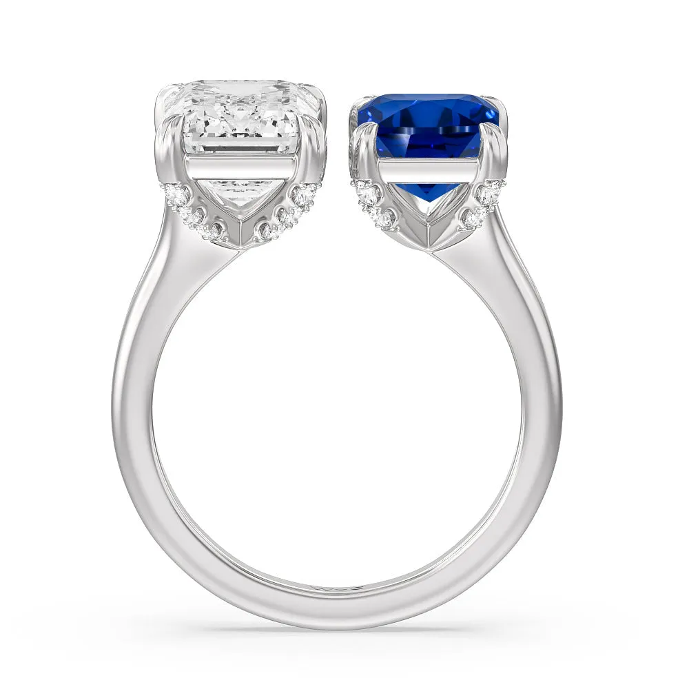 Toi Et Moi Created Sapphire and Emerald Diamond Studded Basket Engagement Ring