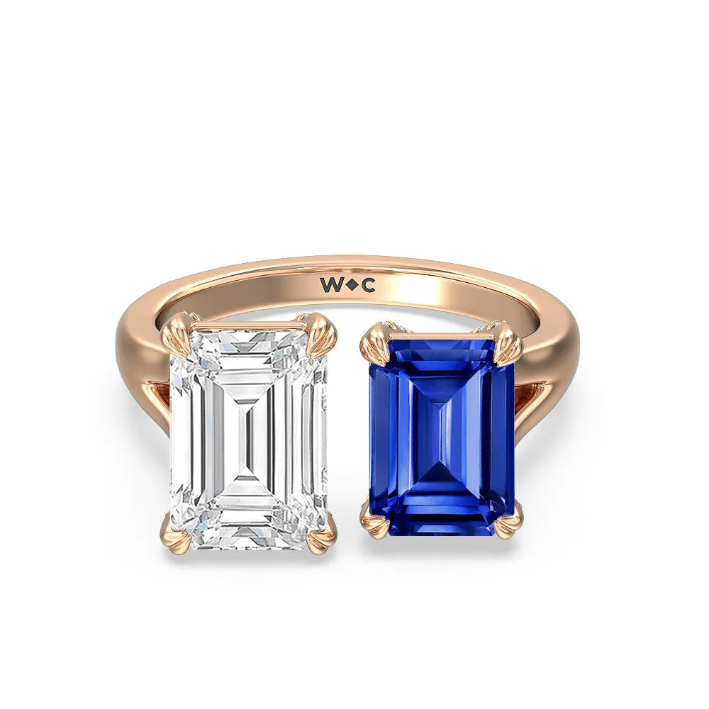 Toi Et Moi Created Sapphire and Emerald Diamond Studded Basket Engagement Ring