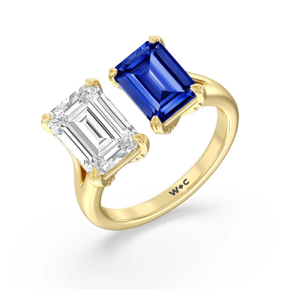 Toi Et Moi Created Sapphire and Emerald Diamond Studded Basket Engagement Ring