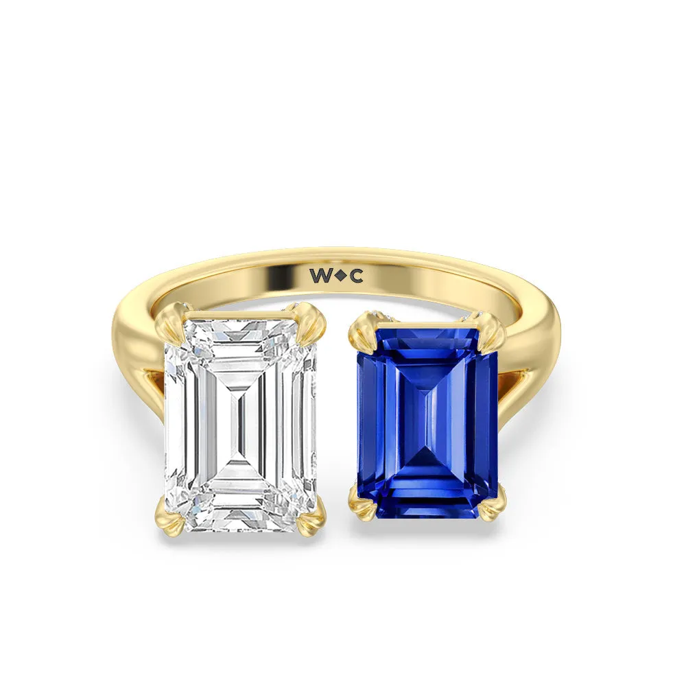 Toi Et Moi Created Sapphire and Emerald Diamond Studded Basket Engagement Ring