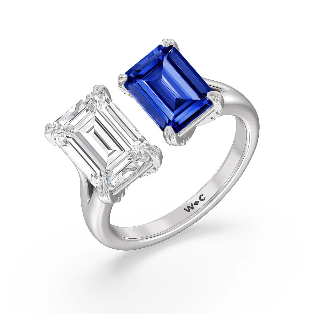 Toi Et Moi Created Sapphire and Emerald Diamond Studded Basket Engagement Ring