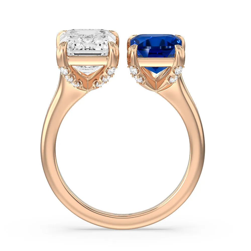Toi Et Moi Created Sapphire and Emerald Diamond Studded Basket Engagement Ring