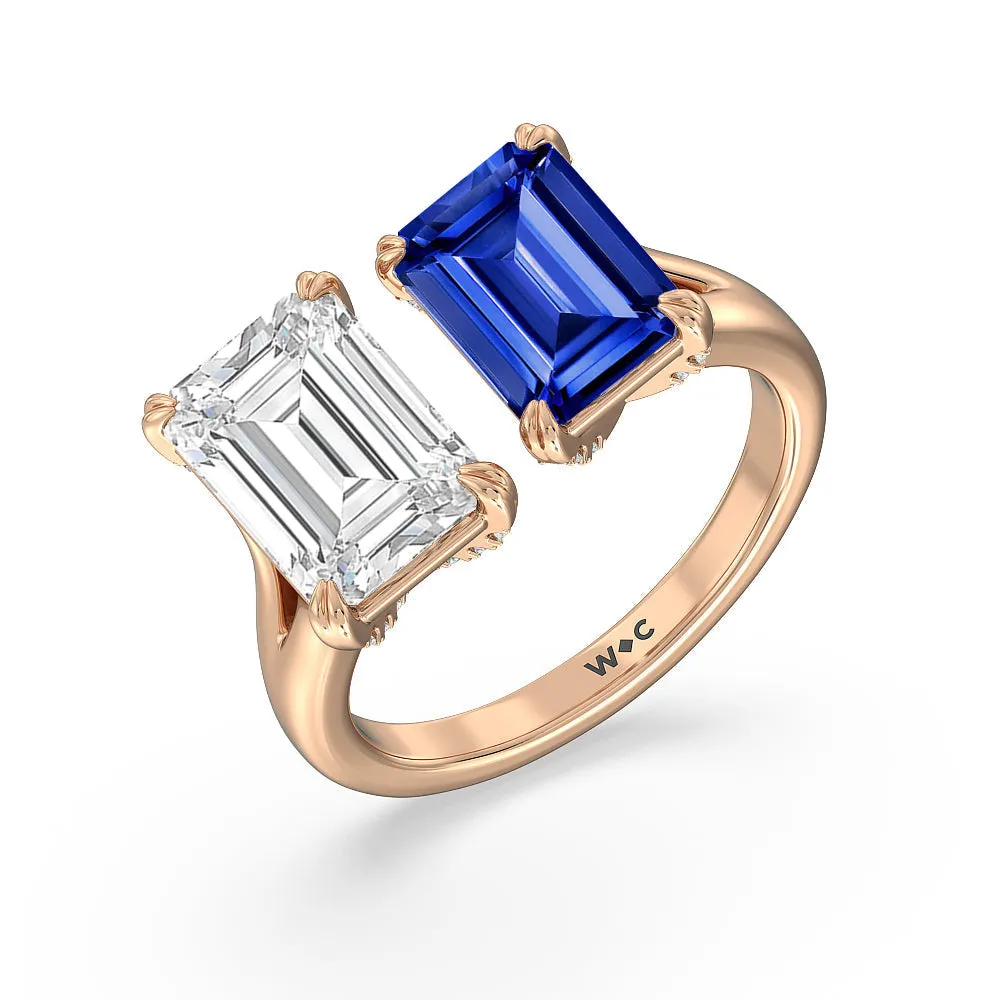 Toi Et Moi Created Sapphire and Emerald Diamond Studded Basket Engagement Ring