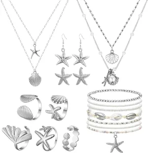 Tondiamo 16 Pcs Seashell Starfish Jewelry Set Seashell Earrings Rings Boho Layer Charm Necklace Summer Beach Bracelets and Natural White Anklet Set for Holiday Vacation Women Gifts