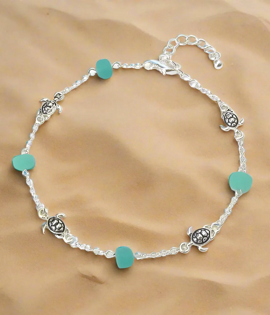 Turtle Seaglass Charm Anklet