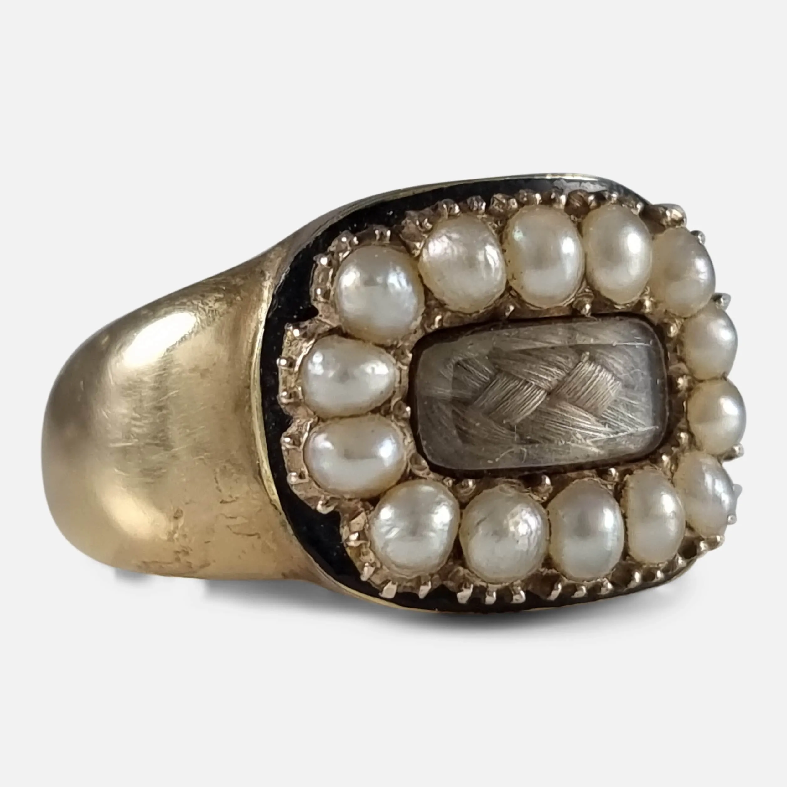 Victorian 18ct Gold Pearl, Enamel, and Hair Memorial Ring - 1881