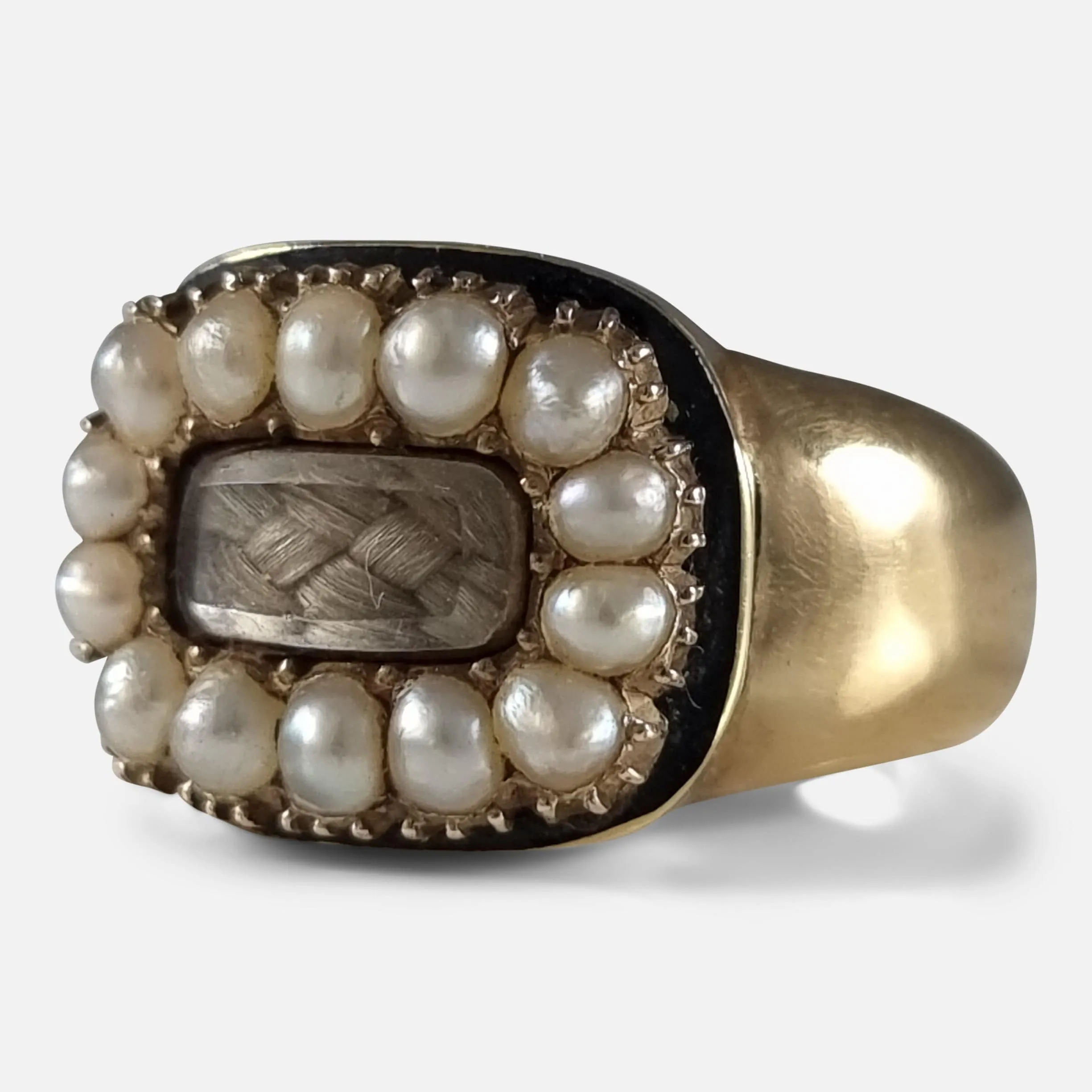 Victorian 18ct Gold Pearl, Enamel, and Hair Memorial Ring - 1881