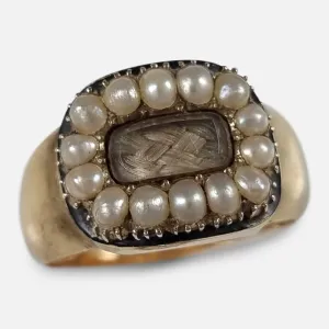 Victorian 18ct Gold Pearl, Enamel, and Hair Memorial Ring - 1881