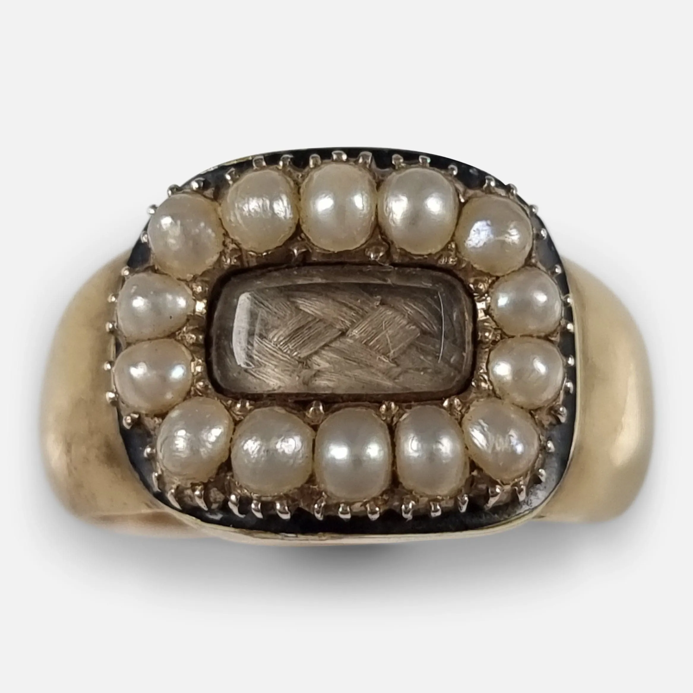 Victorian 18ct Gold Pearl, Enamel, and Hair Memorial Ring - 1881