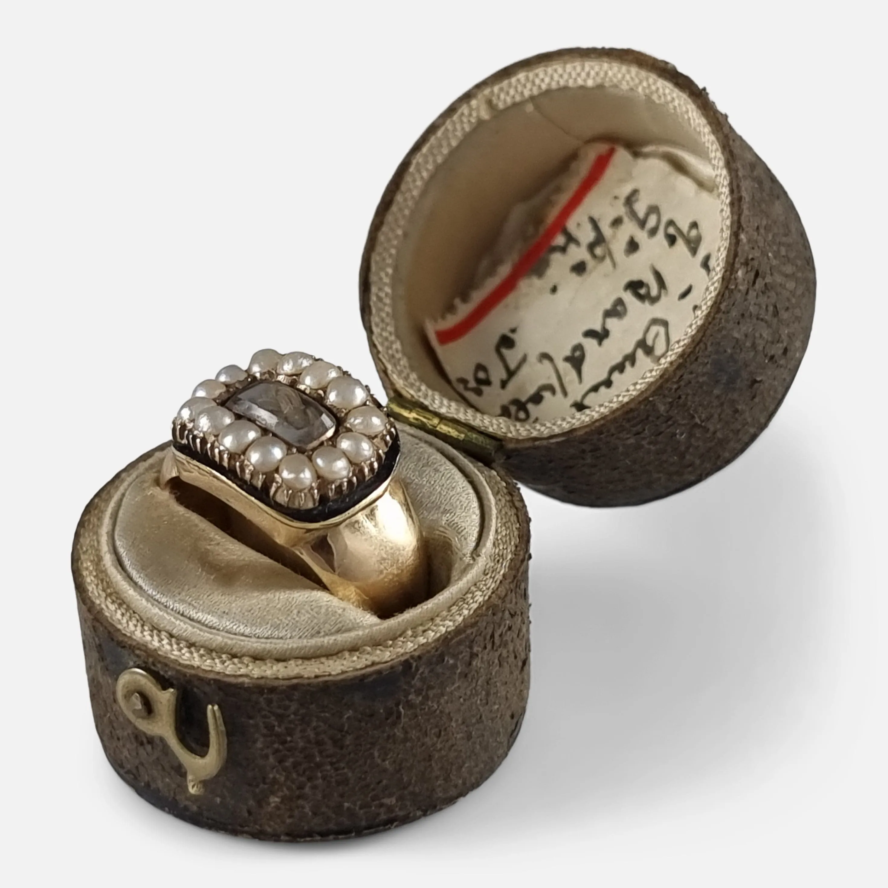 Victorian 18ct Gold Pearl, Enamel, and Hair Memorial Ring - 1881
