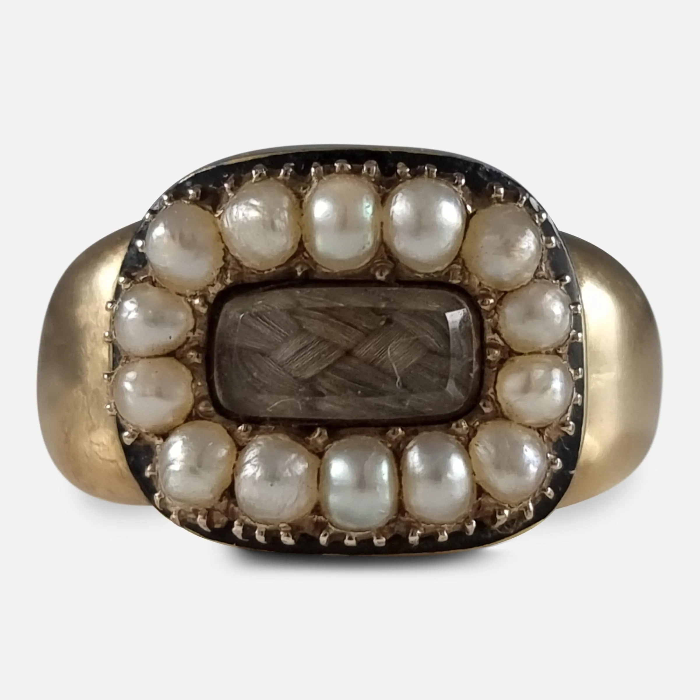 Victorian 18ct Gold Pearl, Enamel, and Hair Memorial Ring - 1881