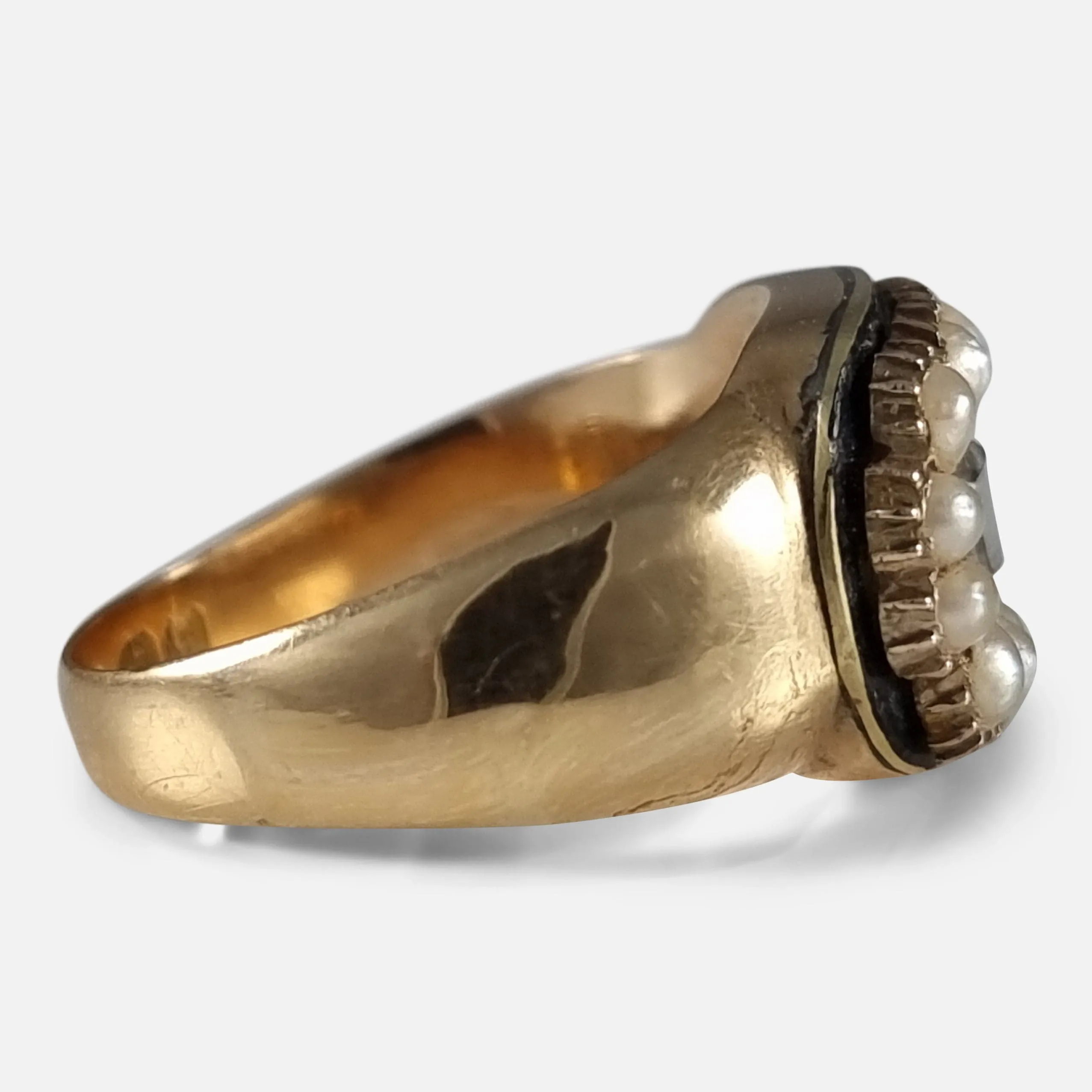 Victorian 18ct Gold Pearl, Enamel, and Hair Memorial Ring - 1881