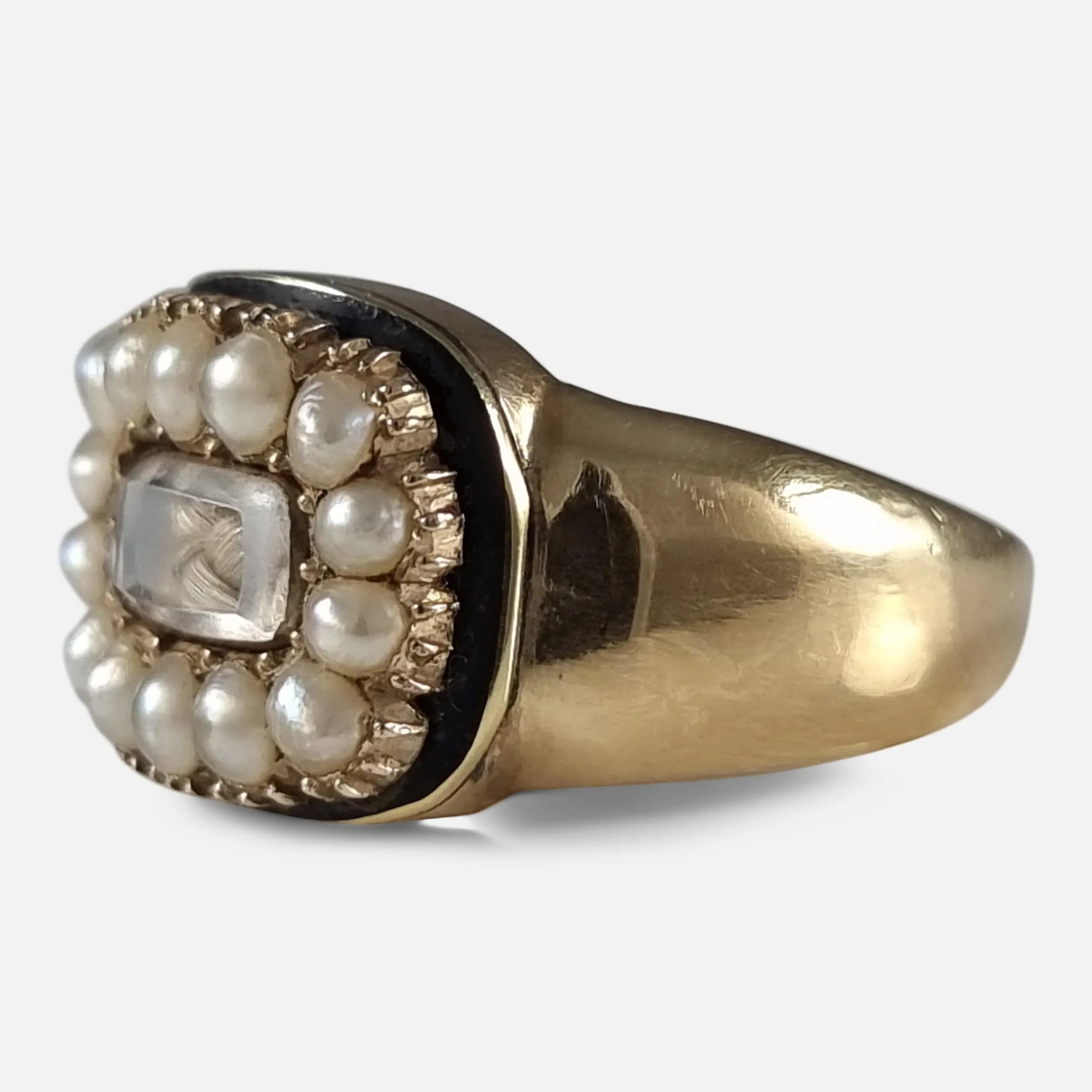 Victorian 18ct Gold Pearl, Enamel, and Hair Memorial Ring - 1881