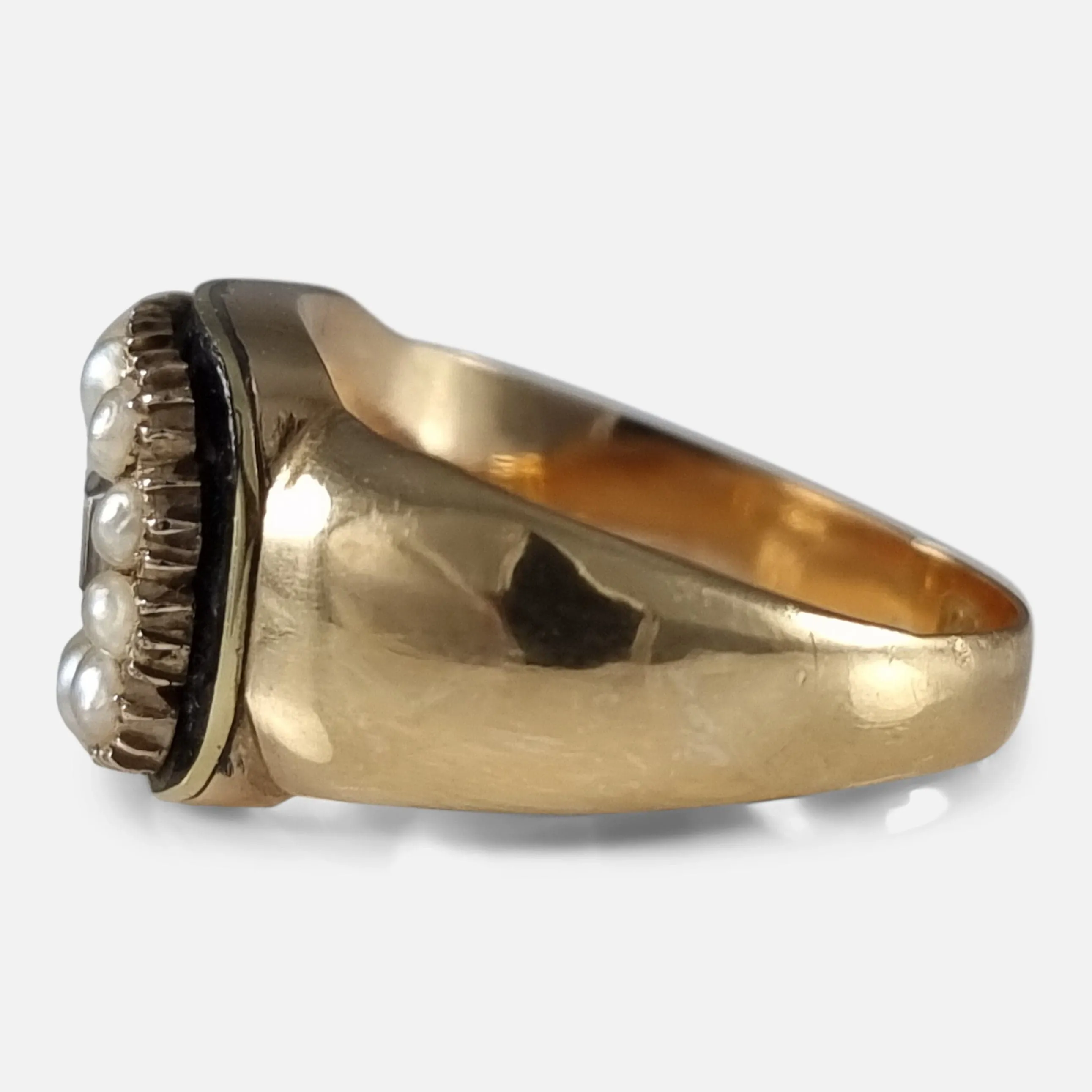 Victorian 18ct Gold Pearl, Enamel, and Hair Memorial Ring - 1881