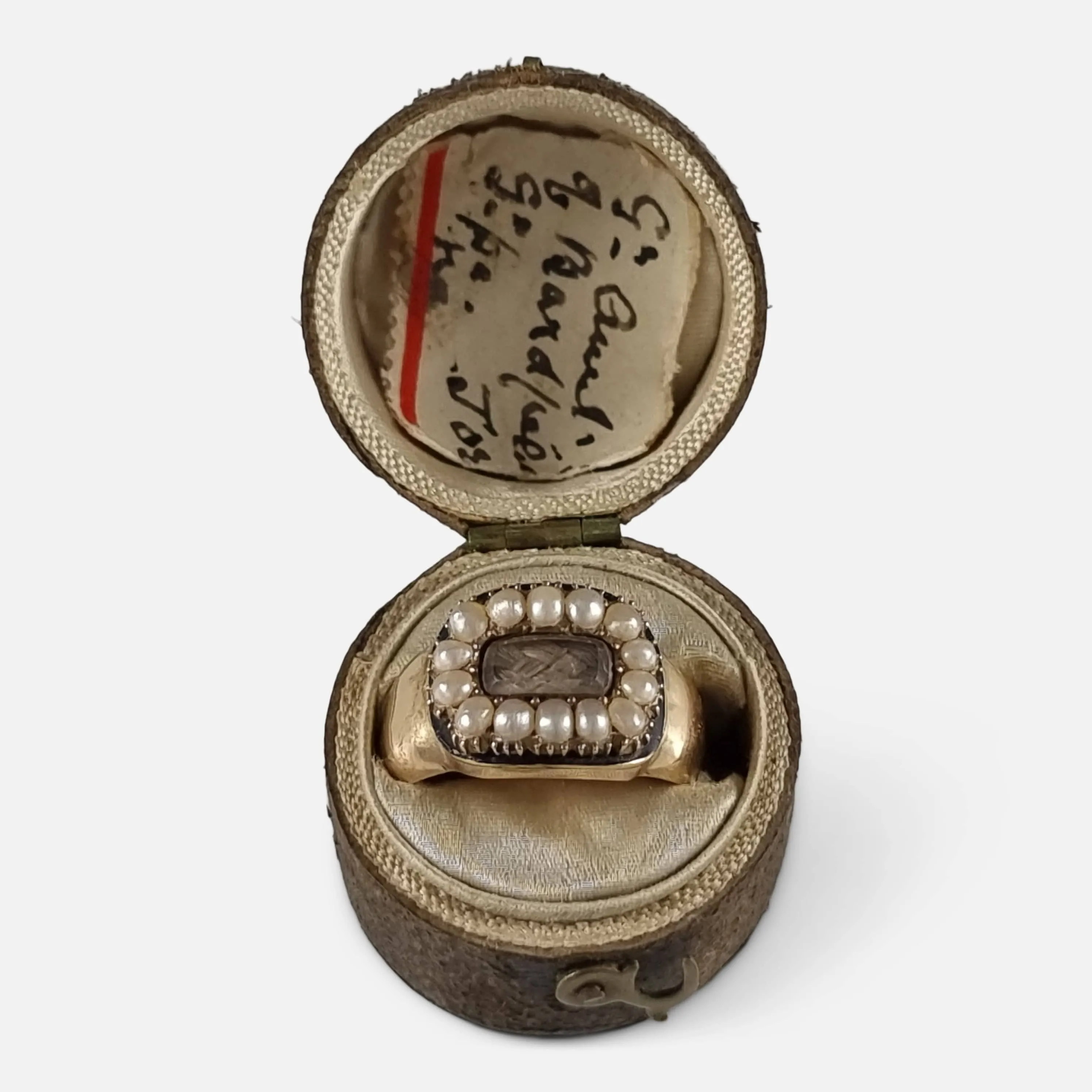 Victorian 18ct Gold Pearl, Enamel, and Hair Memorial Ring - 1881