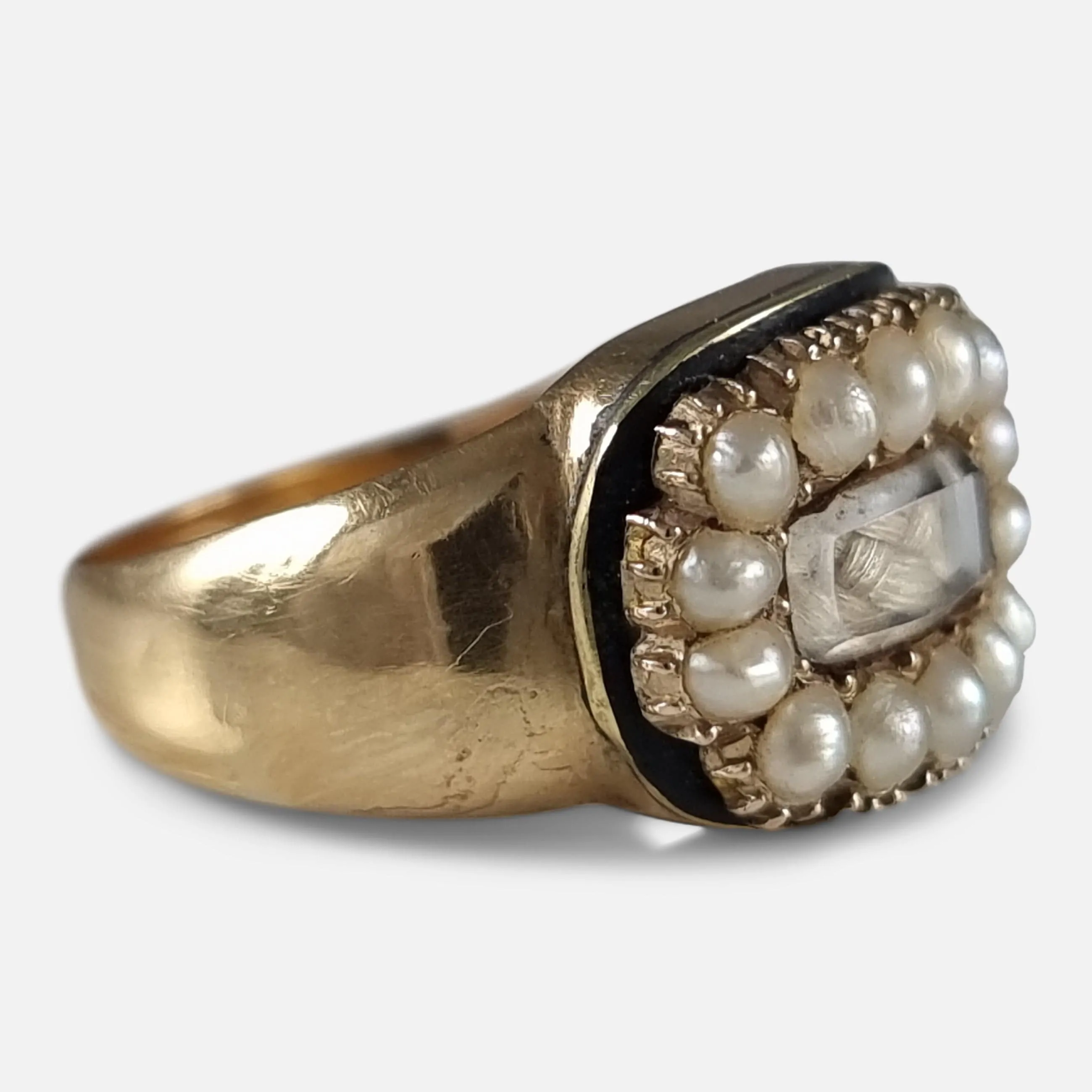 Victorian 18ct Gold Pearl, Enamel, and Hair Memorial Ring - 1881