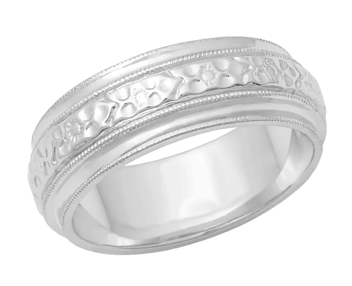Victorian Leaves and Flowers 6mm Wide Wedding Band in White Gold - 18K or 14K