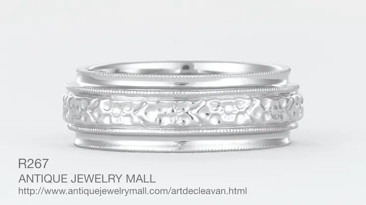 Victorian Leaves and Flowers 6mm Wide Wedding Band in White Gold - 18K or 14K