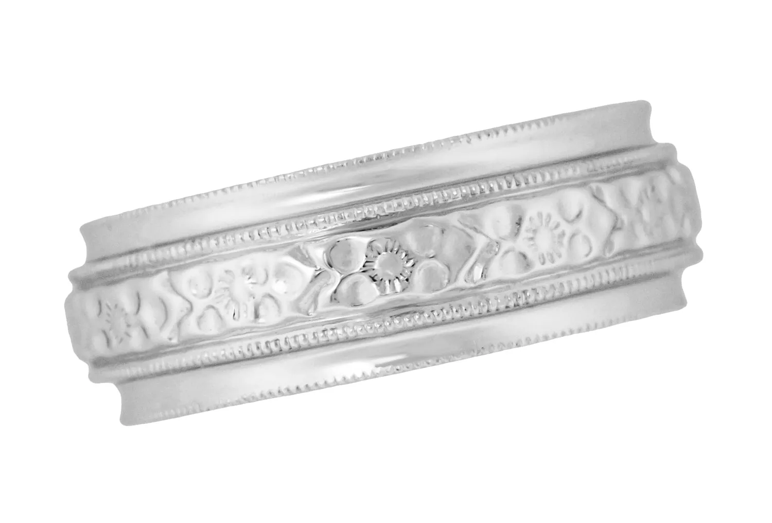 Victorian Leaves and Flowers 6mm Wide Wedding Band in White Gold - 18K or 14K