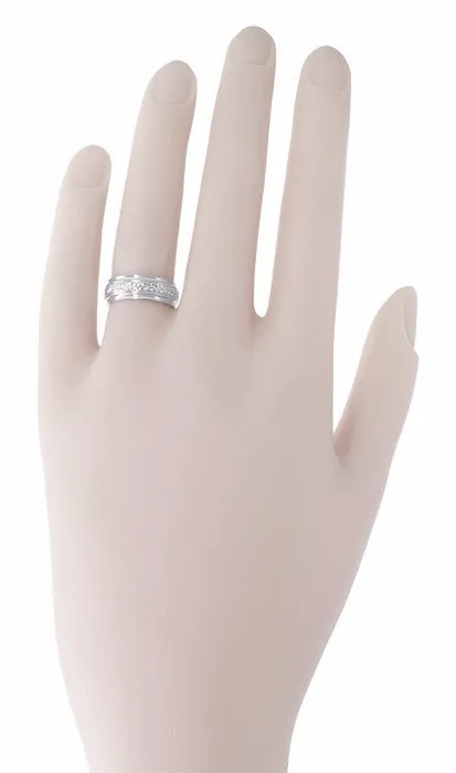 Victorian Leaves and Flowers 6mm Wide Wedding Band in White Gold - 18K or 14K