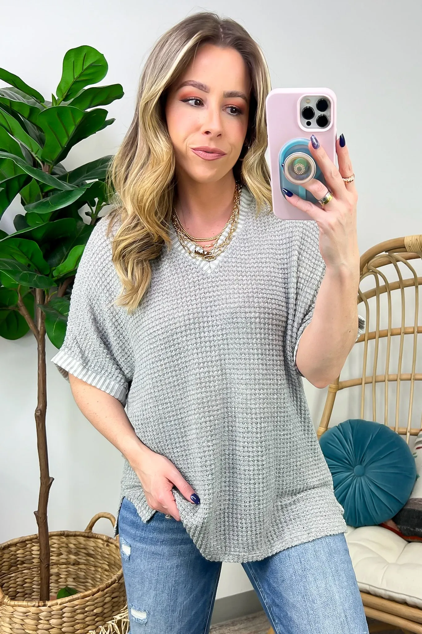 Vinita Oversize V-Neck Waffle Knit Top - FINAL SALE