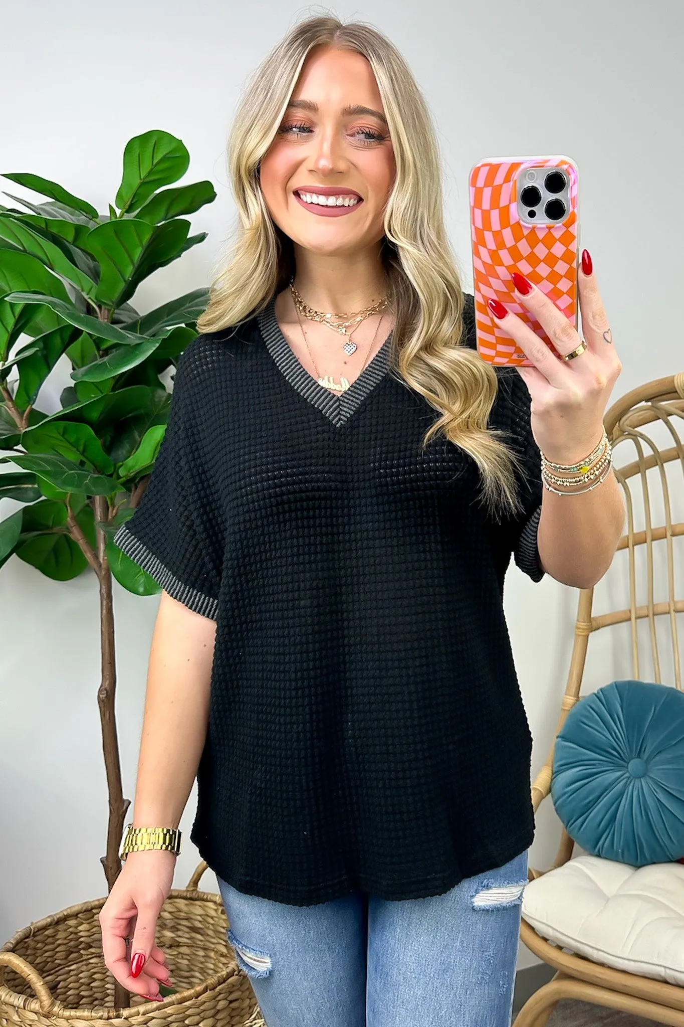 Vinita Oversize V-Neck Waffle Knit Top - FINAL SALE