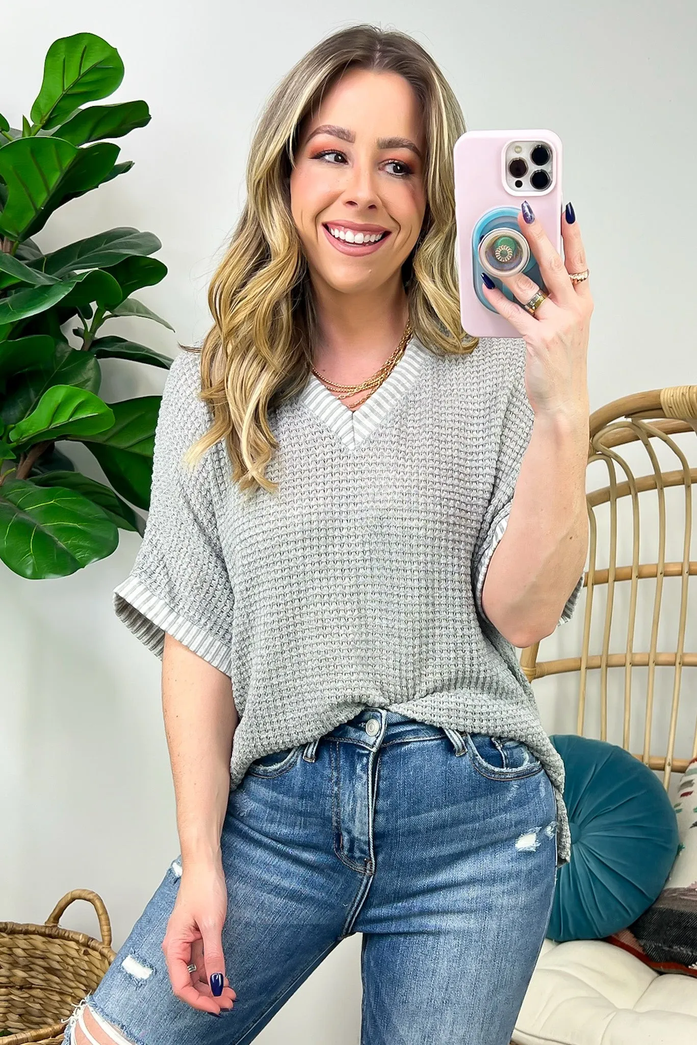 Vinita Oversize V-Neck Waffle Knit Top - FINAL SALE