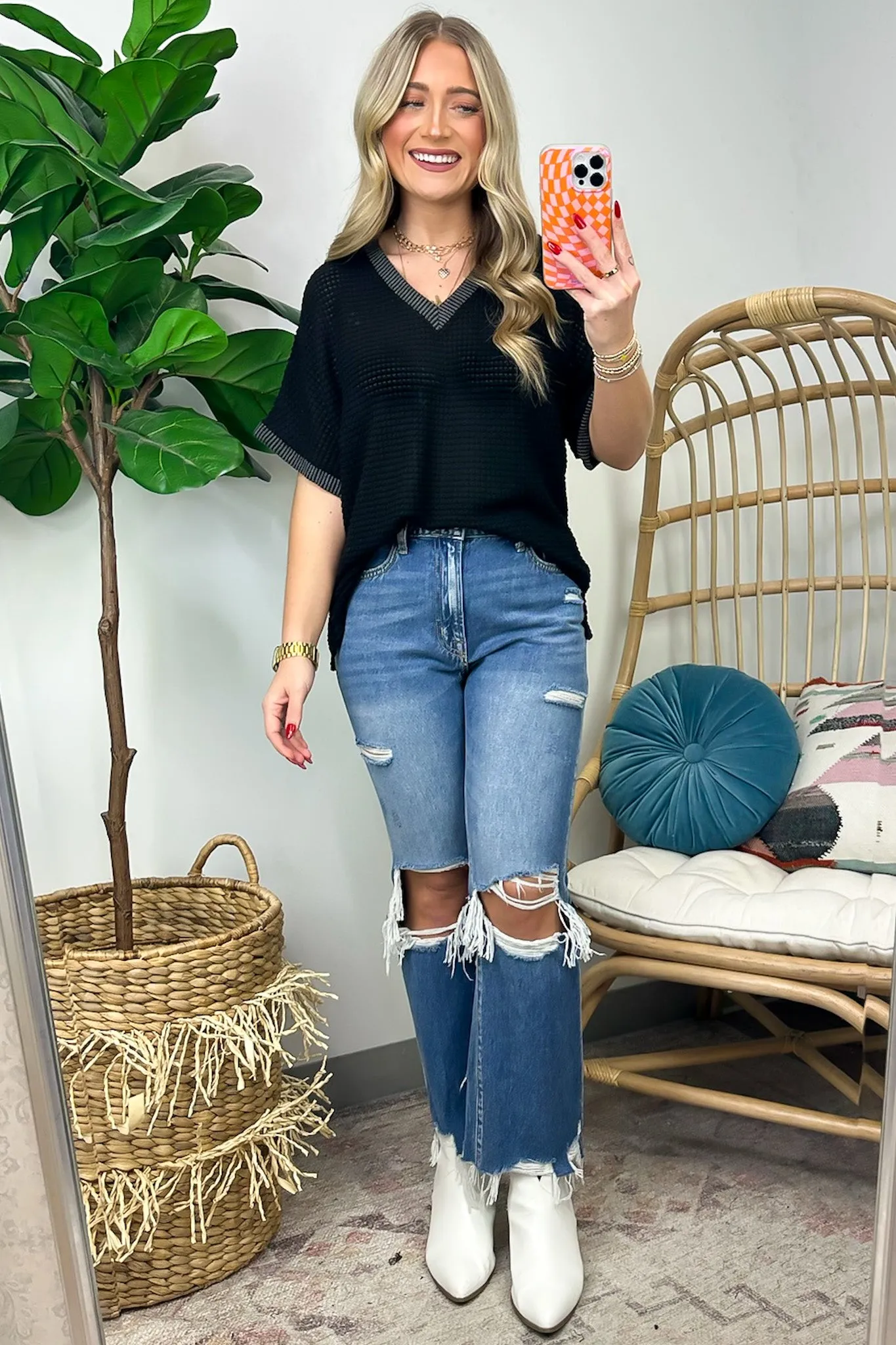 Vinita Oversize V-Neck Waffle Knit Top - FINAL SALE