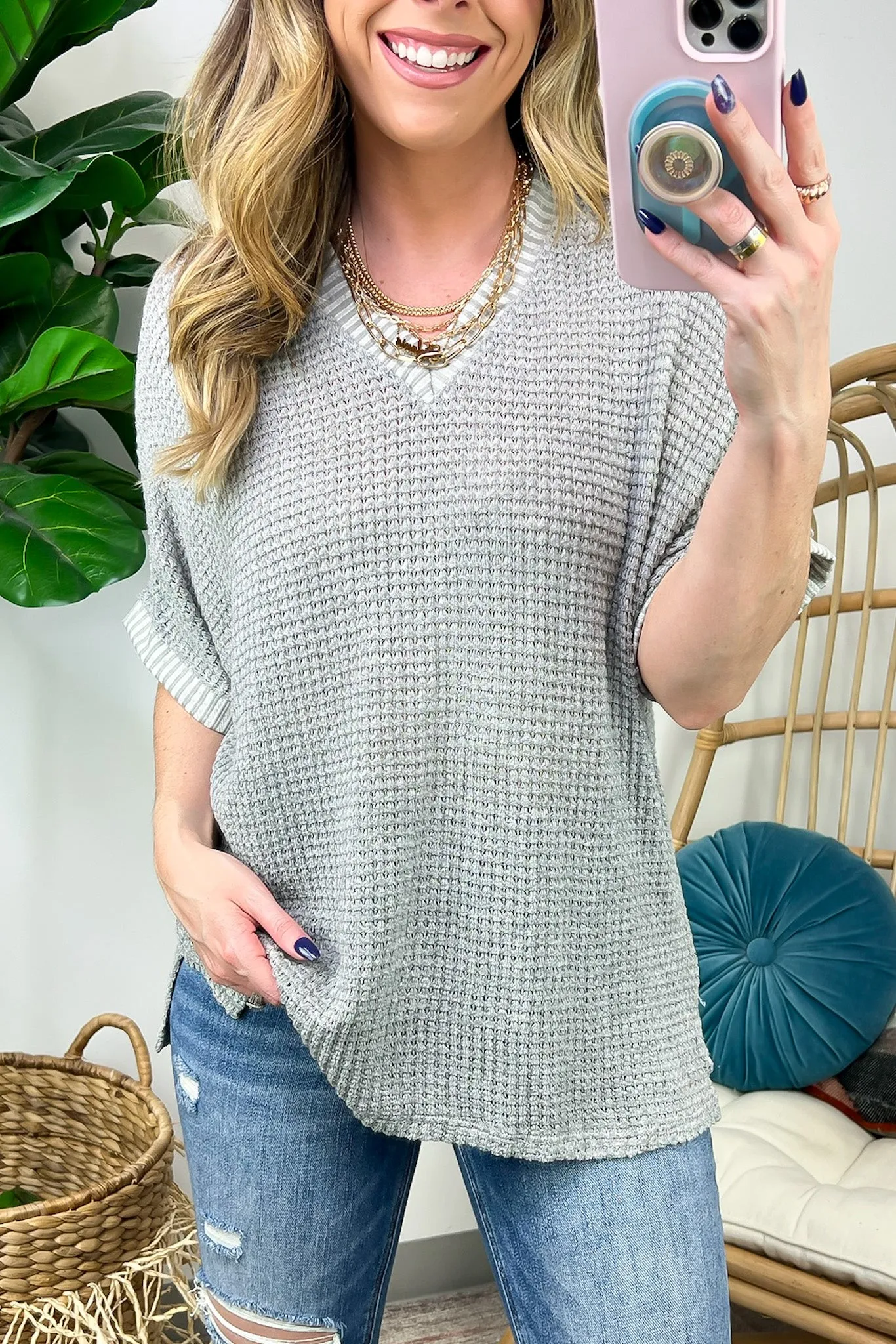Vinita Oversize V-Neck Waffle Knit Top - FINAL SALE
