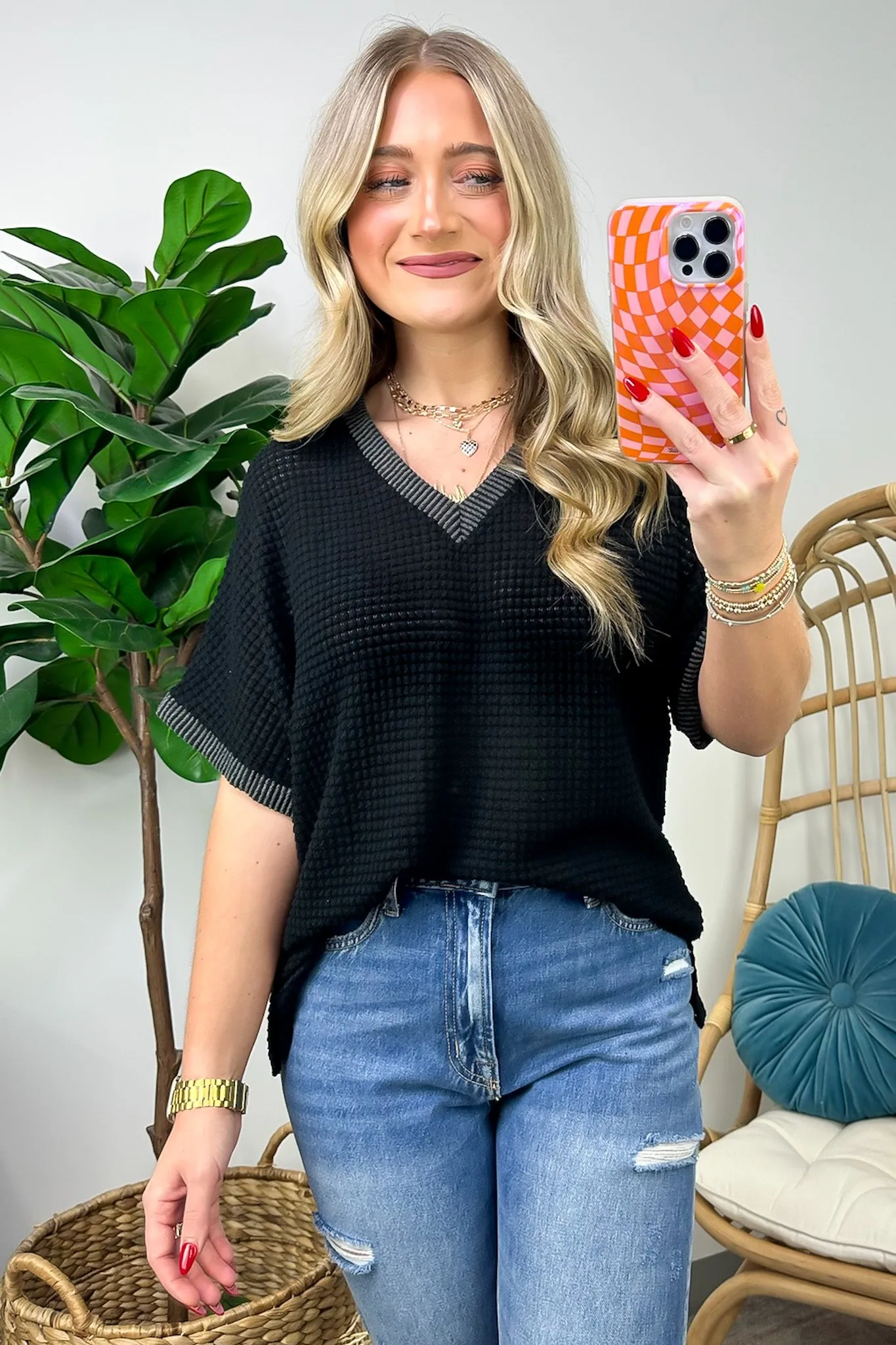 Vinita Oversize V-Neck Waffle Knit Top - FINAL SALE