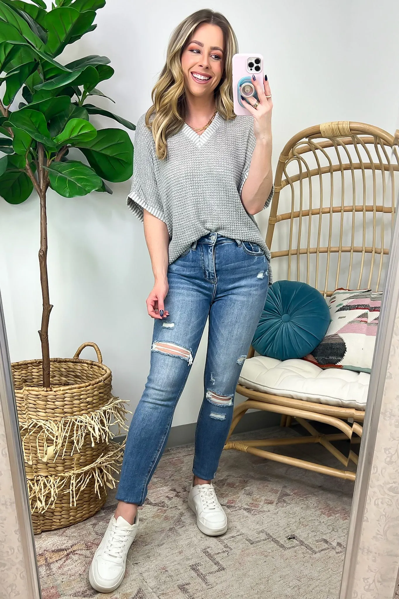 Vinita Oversize V-Neck Waffle Knit Top - FINAL SALE
