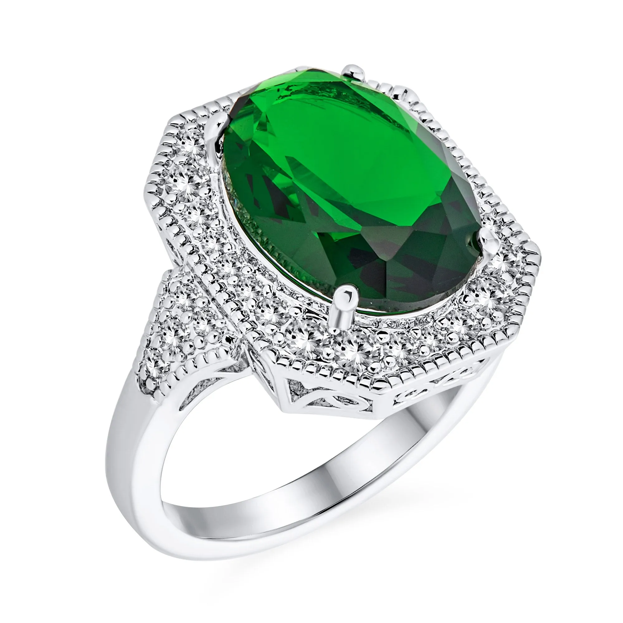 Vintage Art Deco Cocktail Statement Ring with Oval CZ & Simulated Sapphire