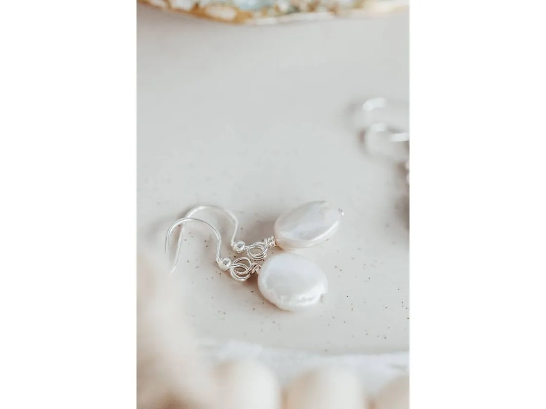White coin pearl earrings
