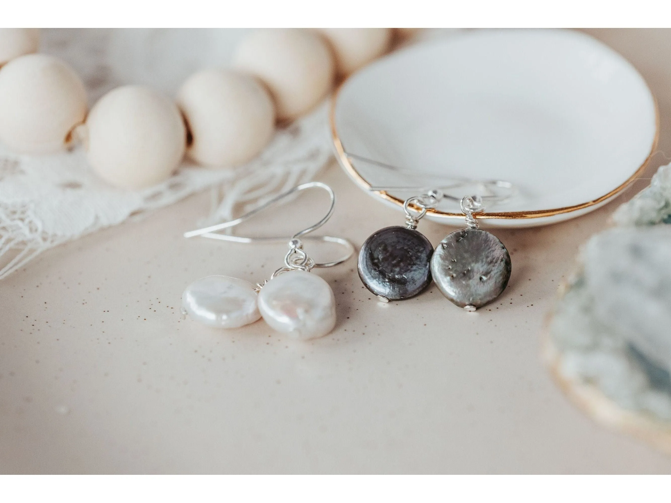 White coin pearl earrings