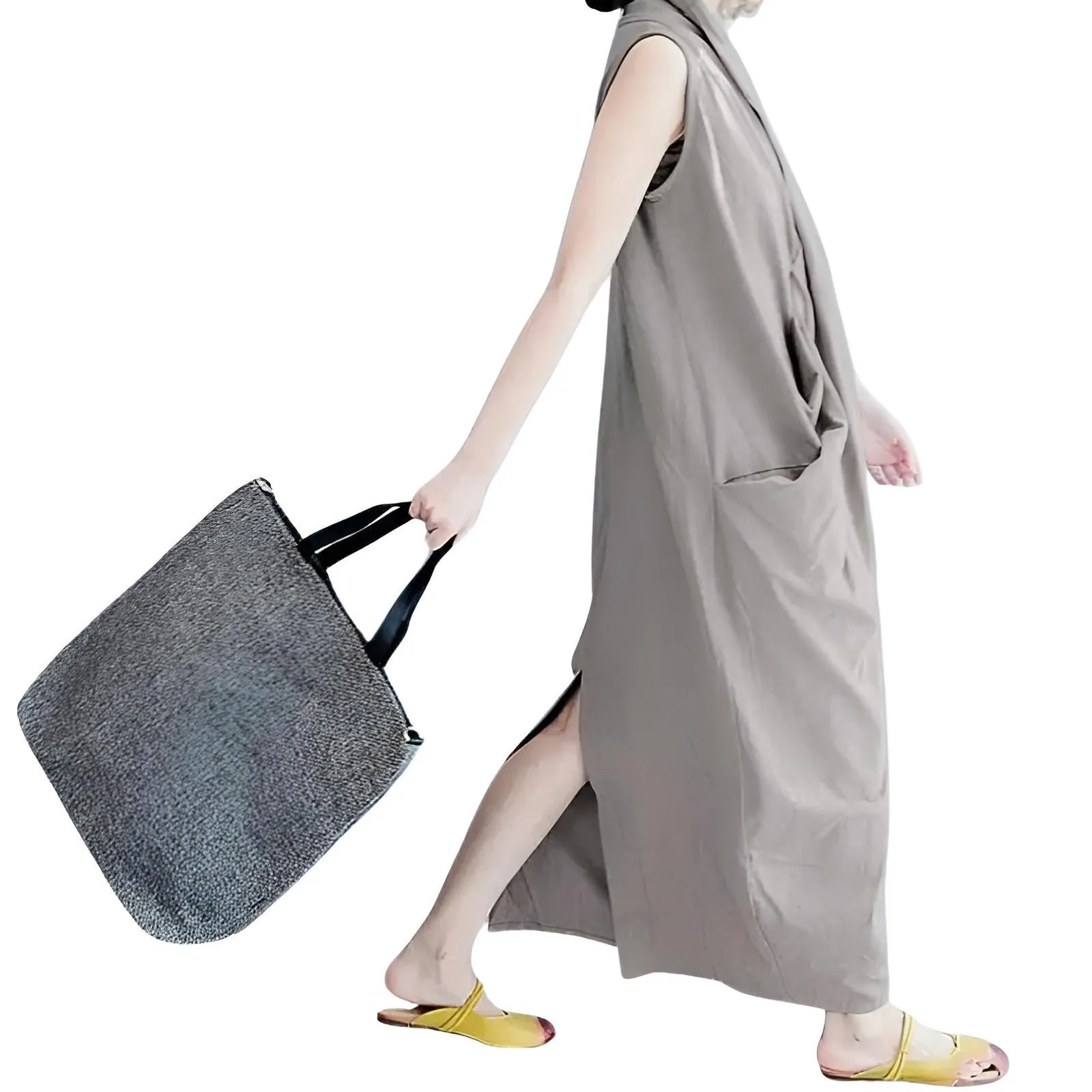 Women's Oversize Asymmetrical Maxi Dress V Neck Sleeveless Baggy Dress With Pockets