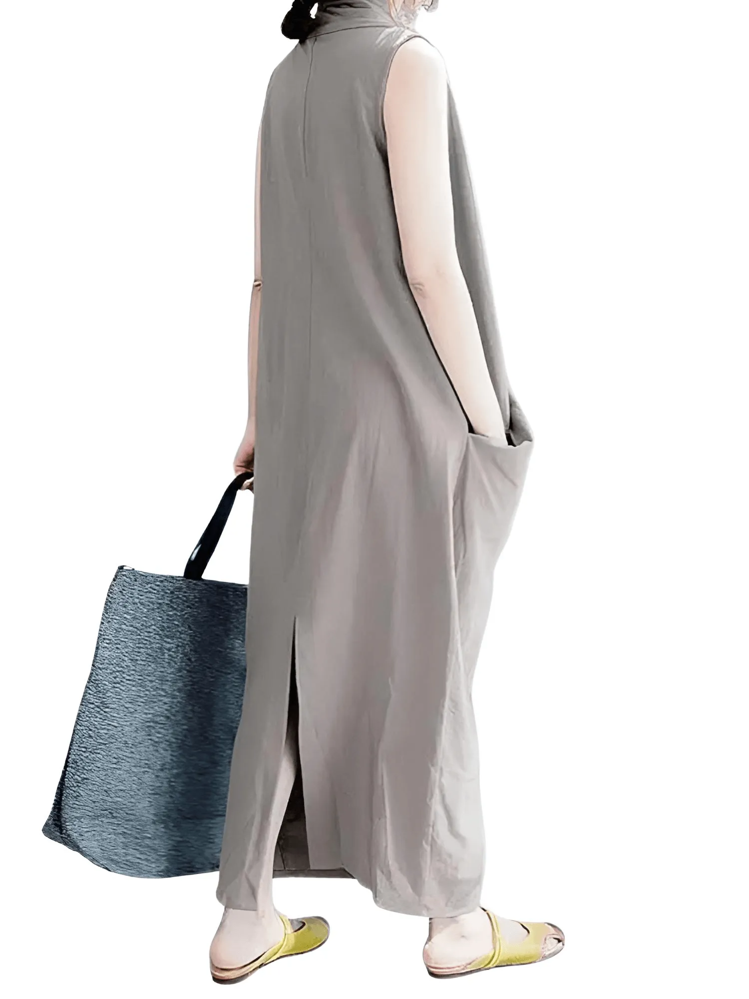 Women's Oversize Asymmetrical Maxi Dress V Neck Sleeveless Baggy Dress With Pockets