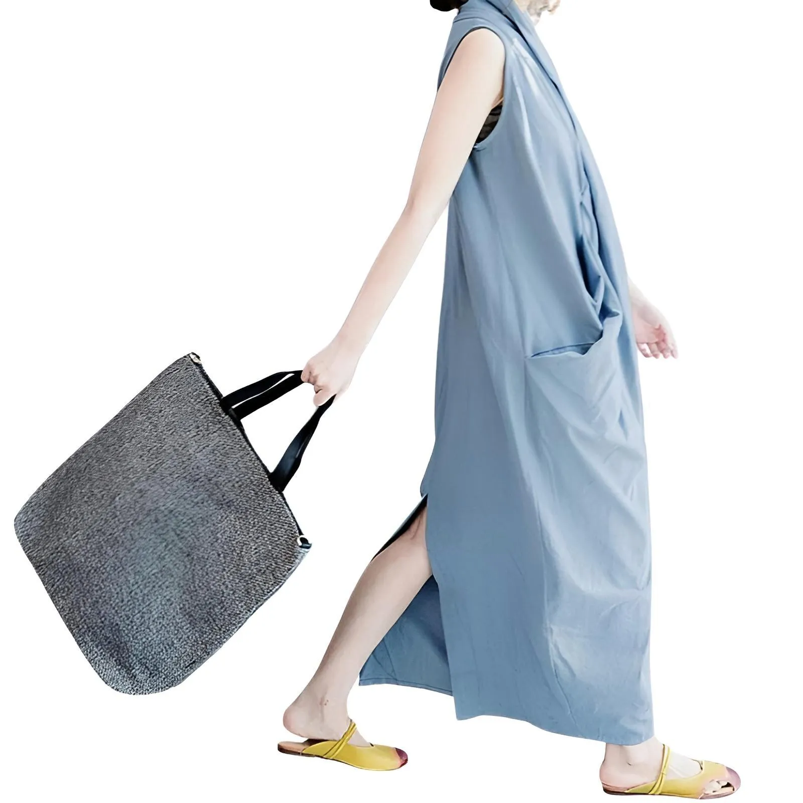 Women's Oversize Asymmetrical Maxi Dress V Neck Sleeveless Baggy Dress With Pockets