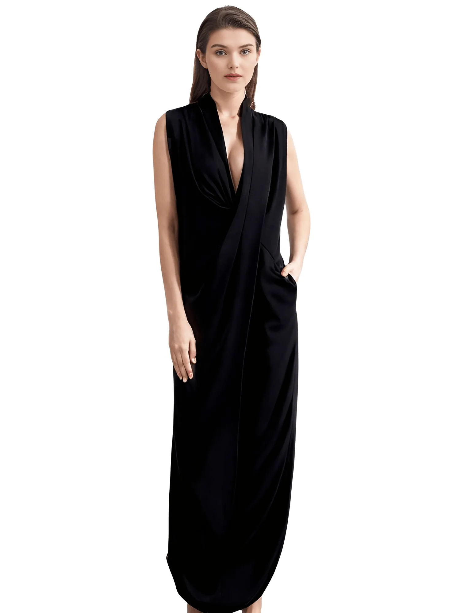 Women's Oversize Asymmetrical Maxi Dress V Neck Sleeveless Baggy Dress With Pockets
