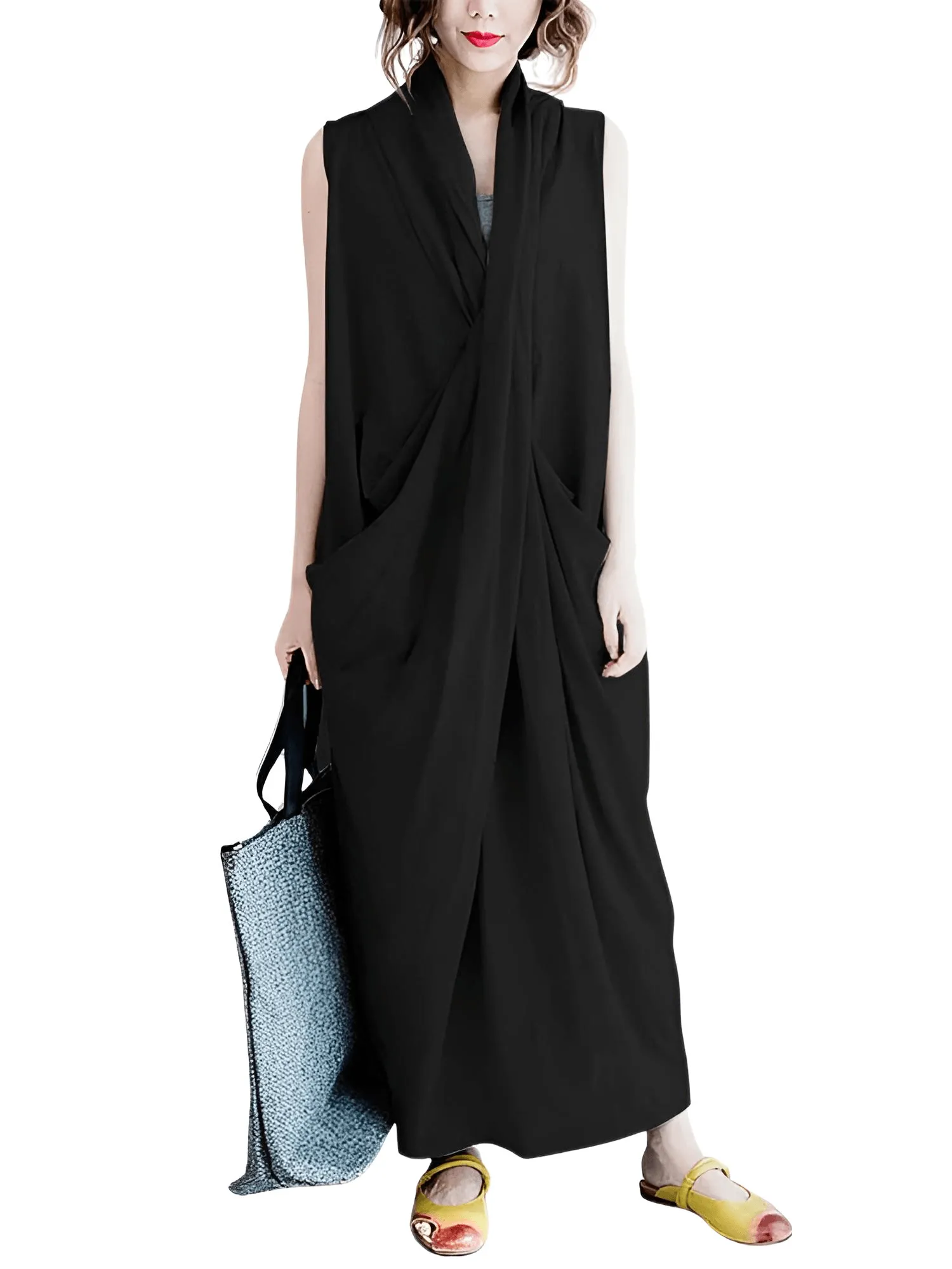 Women's Oversize Asymmetrical Maxi Dress V Neck Sleeveless Baggy Dress With Pockets