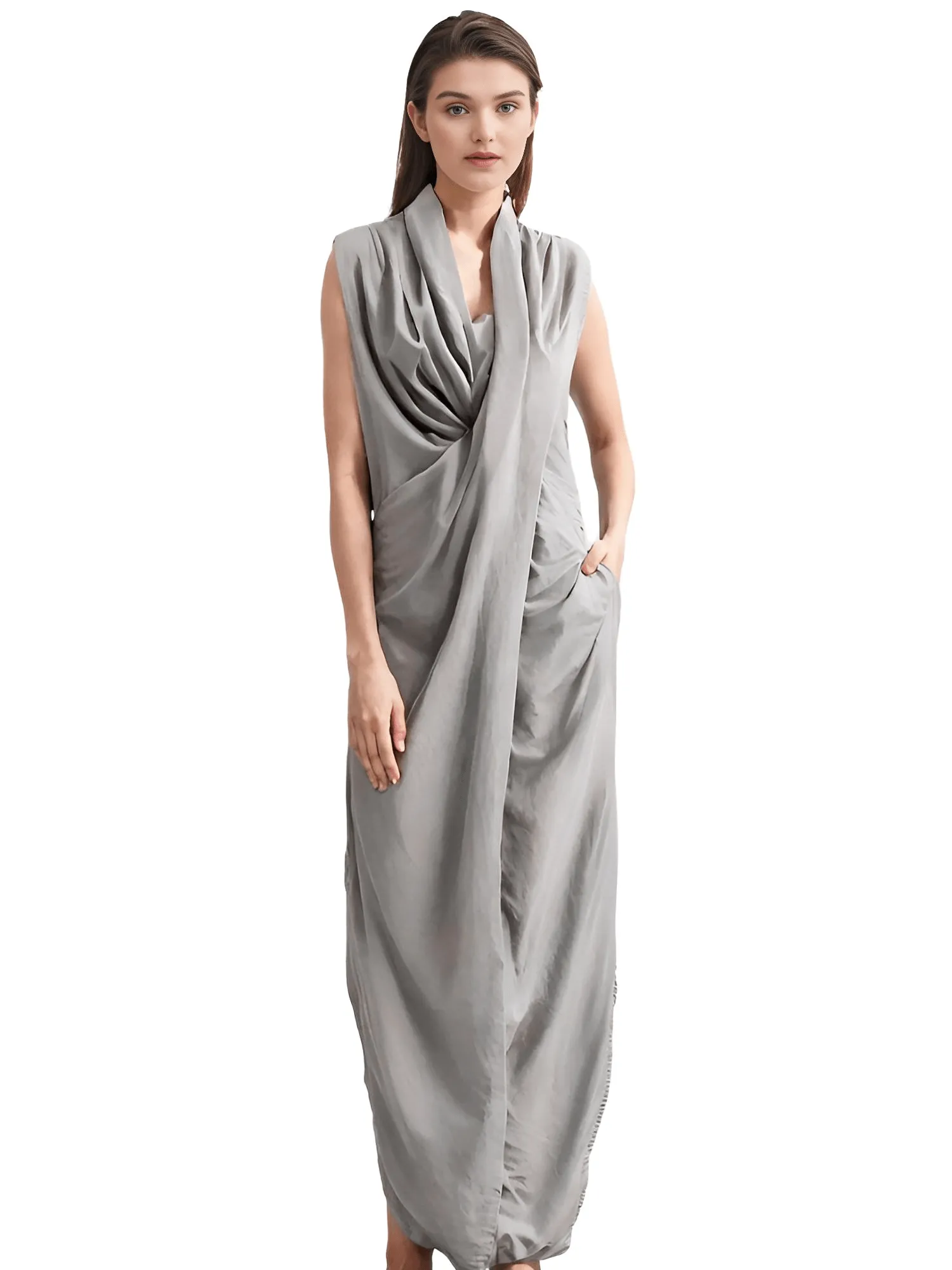 Women's Oversize Asymmetrical Maxi Dress V Neck Sleeveless Baggy Dress With Pockets