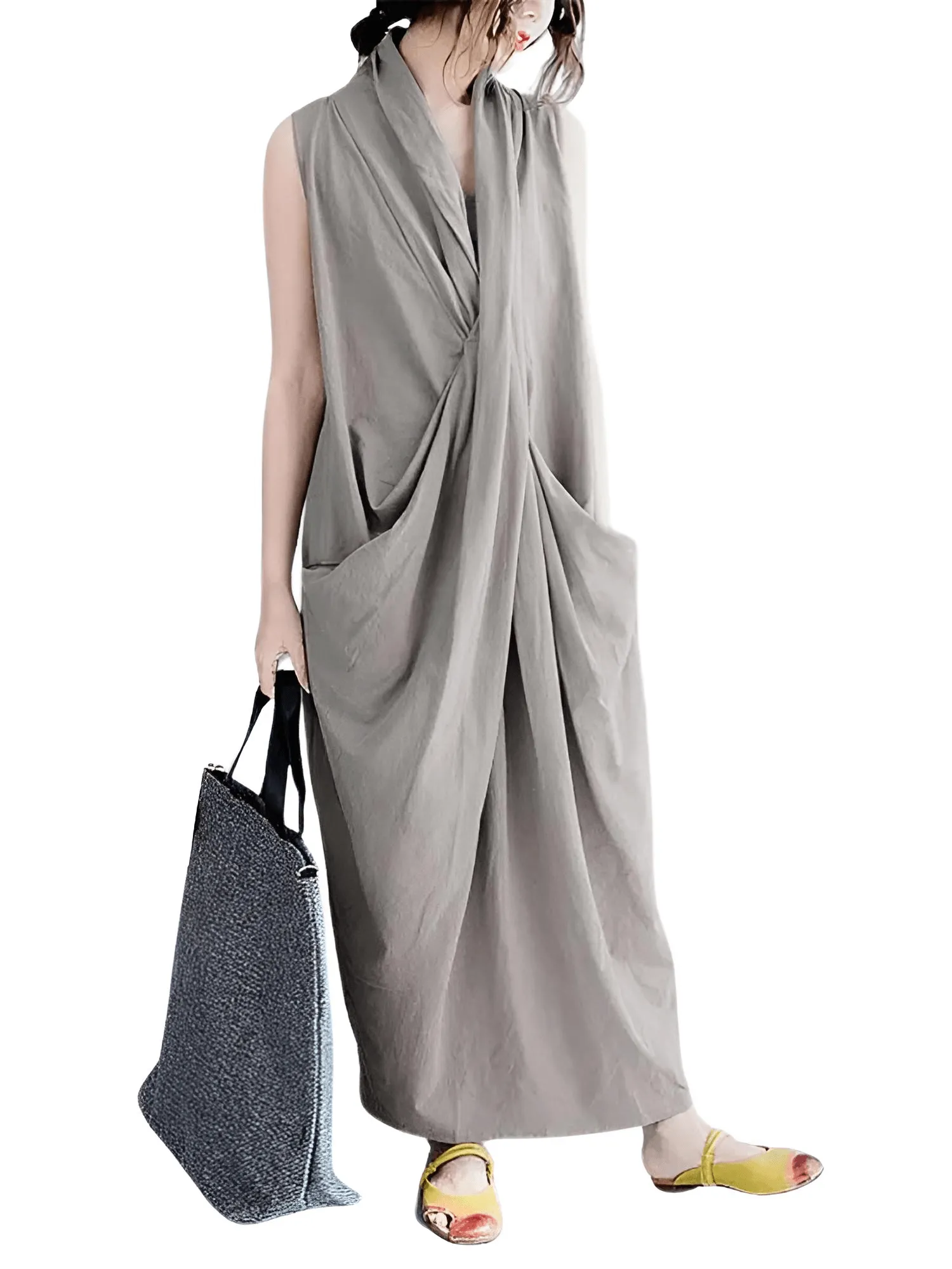 Women's Oversize Asymmetrical Maxi Dress V Neck Sleeveless Baggy Dress With Pockets