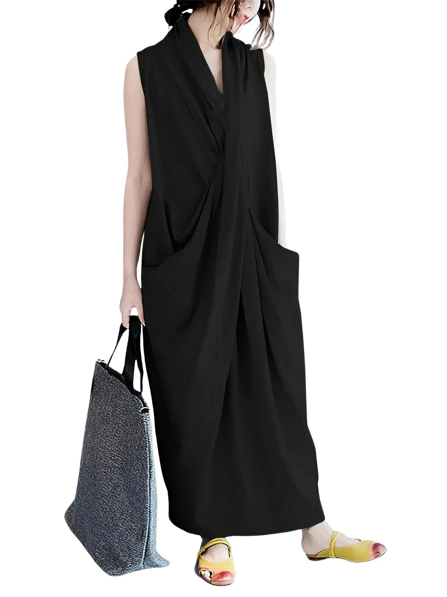 Women's Oversize Asymmetrical Maxi Dress V Neck Sleeveless Baggy Dress With Pockets